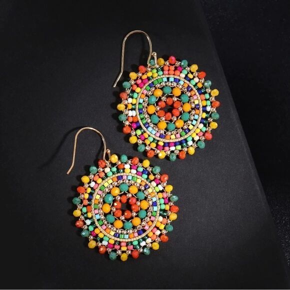 Multicolored Beaded Crystal Round Disc Boho Statement Dangling Hook Earrings - Picture 2 of 6